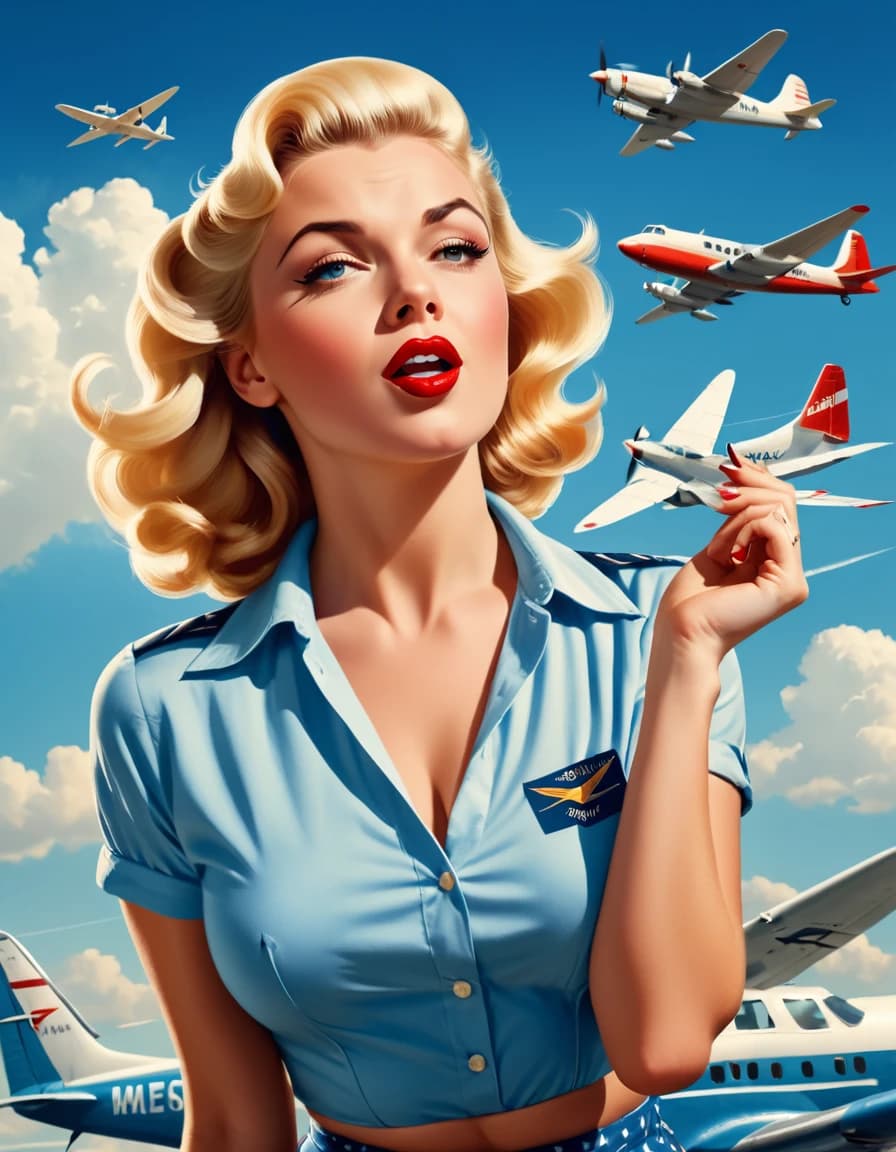 красивая девушка блондинка в стиле pin up на фоне самолетов и неба стоит с открытым ртом и ловит им самолетики. солнечная погода