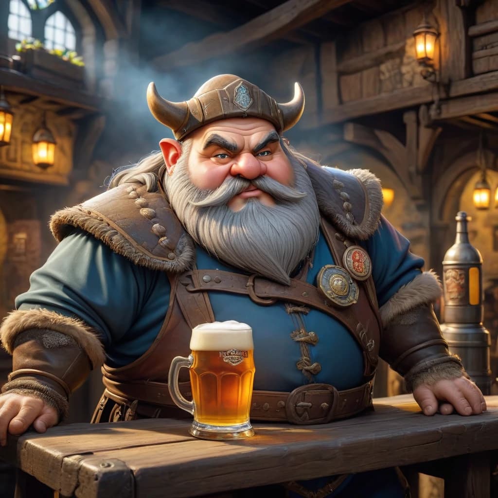 Fat dwarf drinks beer in a medieval tavern