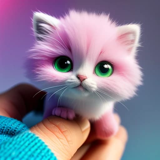 a close up of a small toy cat on a person's hand, an airbrush painting, inspired by Lisa Frank, tumblr, furry art, octane render a lonely rainbow, fluffy ebay product, cute kittens, cute adorable
