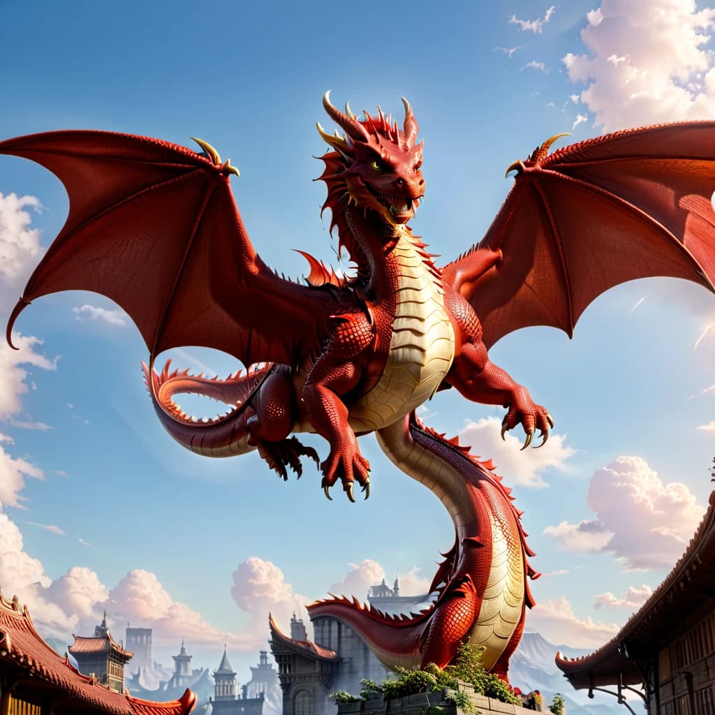 full-length 3D dragon, pixar style, 3/4 turn dragon, red dragon, with wings, dragon soars in the air, dragon looks into the camera, fire escapes from the dragon's mouth, painted scales on the dragon's skin, cheerful facial expressions,