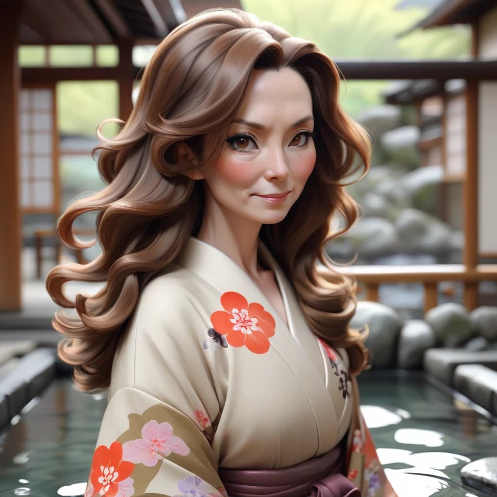 Mature woman, kimono, long wavy brown hair, in an onsen