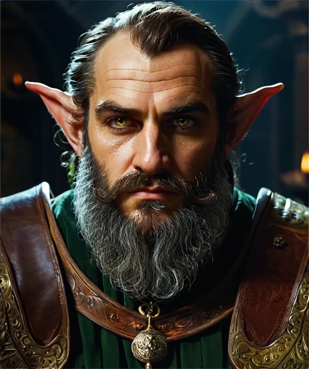 Create an avatar for a character from Dungeons & Dragons: a wealthy crime baron, a large, well-fed halfling with a square jaw and cold, steel-like eyes. He should resemble a prosperous merchant involved in shady dealings, similar to the baron from The Witcher 3. The perspective should be from the waist up, capturing the character's facial details and expression that convey cunning and shrewdness, all set in a dark fantasy atmosphere.