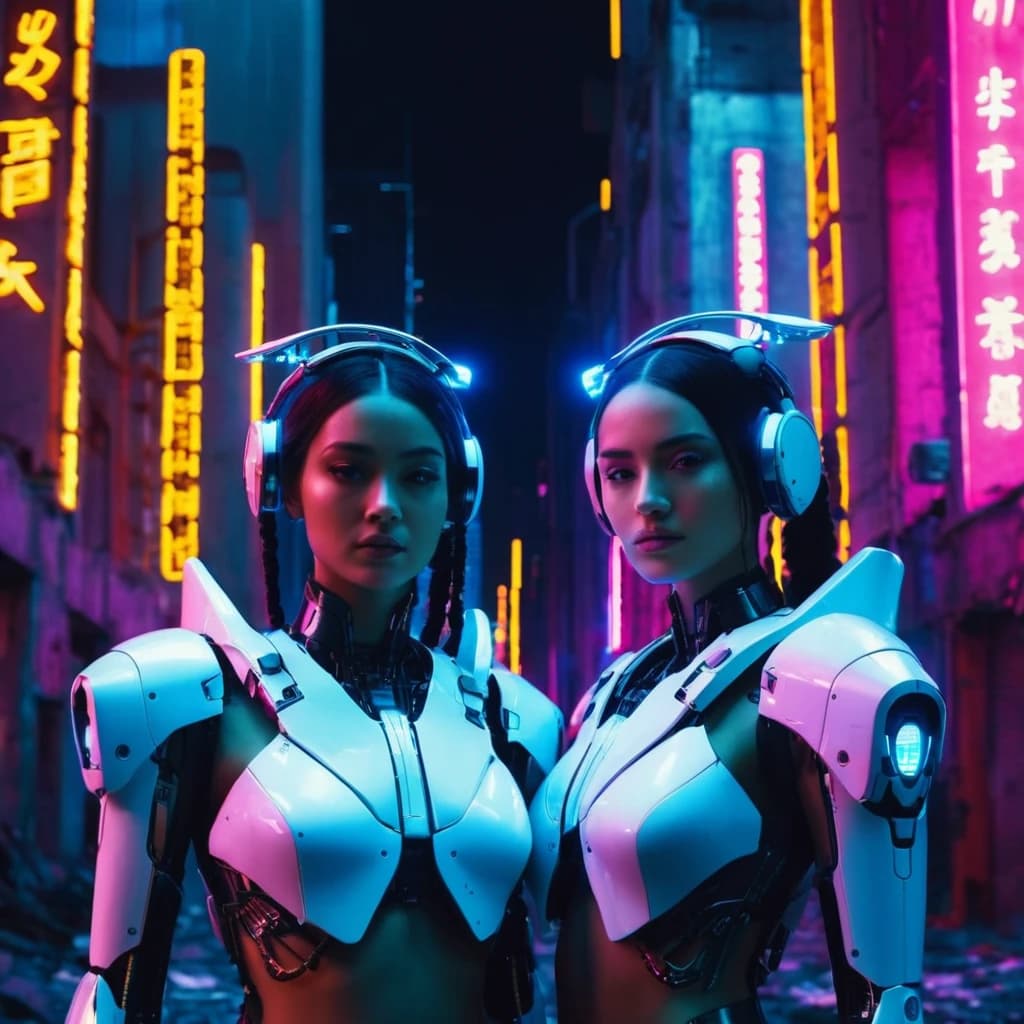 two twin cyborg girls with a halo over their heads, robo-wings. They are standing in a ruined and abandoned city