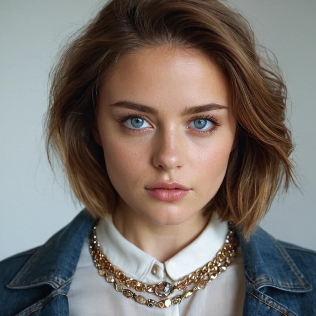 girl, blue eyes, brown hair, forehead, grey eyes, jacket, jewelry, lips, looking at viewer, necklace, shirt, short hair, solo, upper body, white shirt