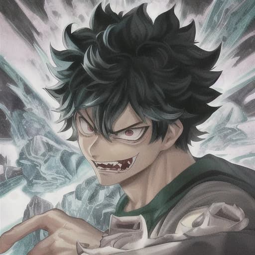 a close up of a person with an evil look on their face, poster art inspired by Okumura Togyu, featured on deviantart, auto-destructive art, muscular male hero, izuku midoriya, dark backgroud