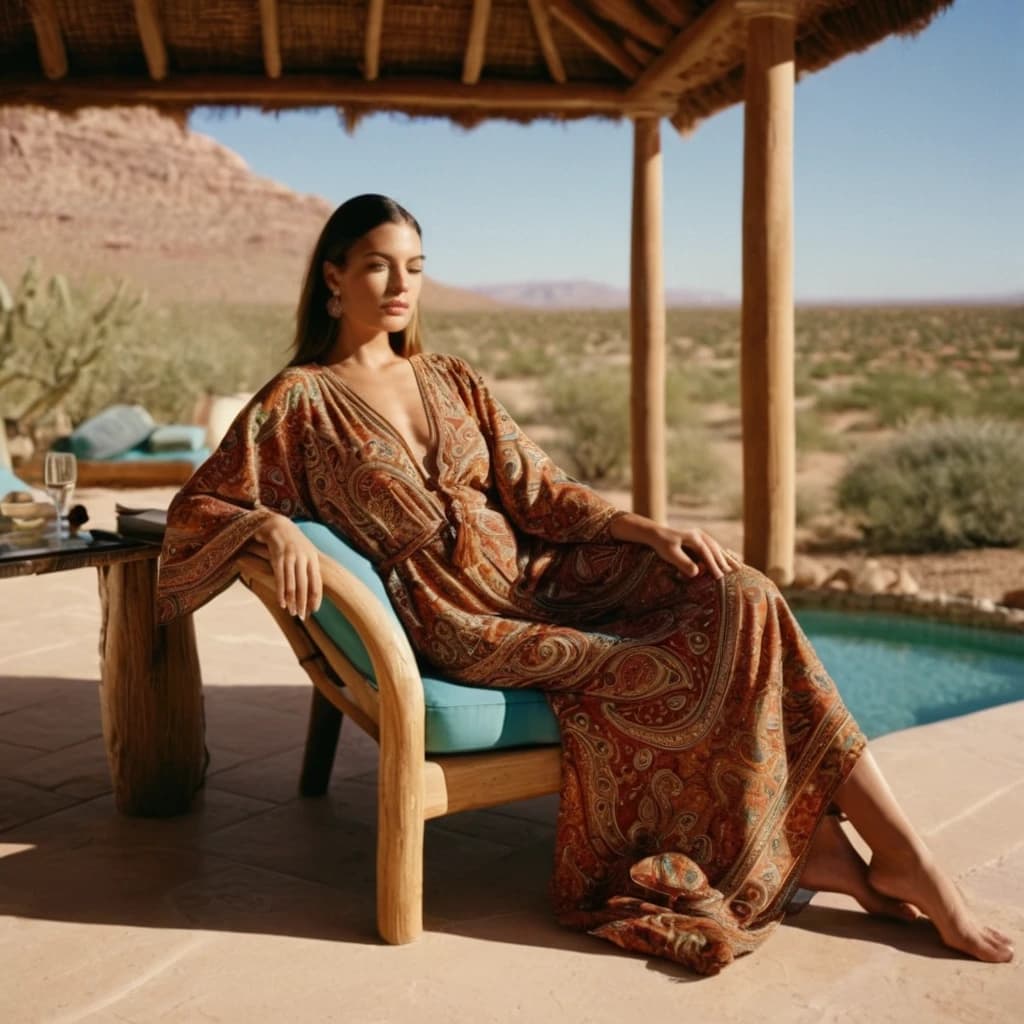 in a paisley print kaftan, relaxing at a desert resort's outdoor lounge