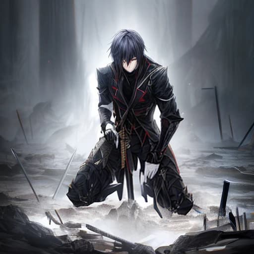 anime character guy, a dark aura envelops him, he is sad, he holds a sword in his hand and behind him is the devastation after the battle, he is on his knees, very angry