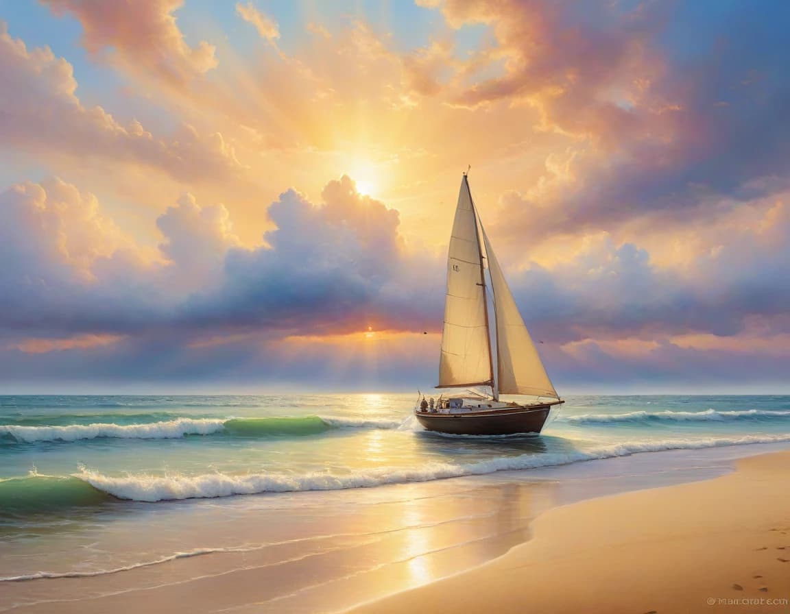 watercolor painting sunset, high tide, golden sand, calm sea, colored clouds, rays of light break through the clouds, in the reflection of light on the water, a sailing boat is a fish, the sea shimmers with bright colors . vibrant, beautiful, painterly, detailed, textural, artistic