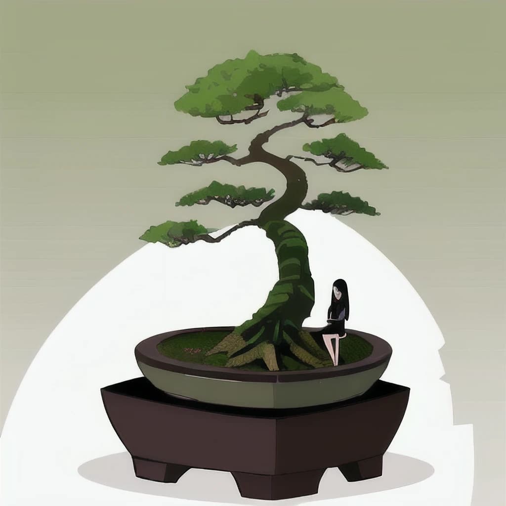 Introversion woman cares bonsai plant, enjoys loneliness hobbies. Vector illustration
