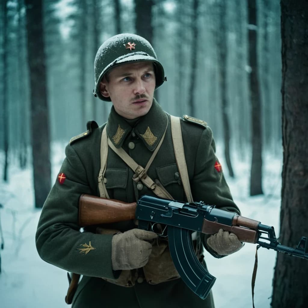 Русские солдаты времен 2 мировой, вооружены АК-47, Идут по зимнему лесу