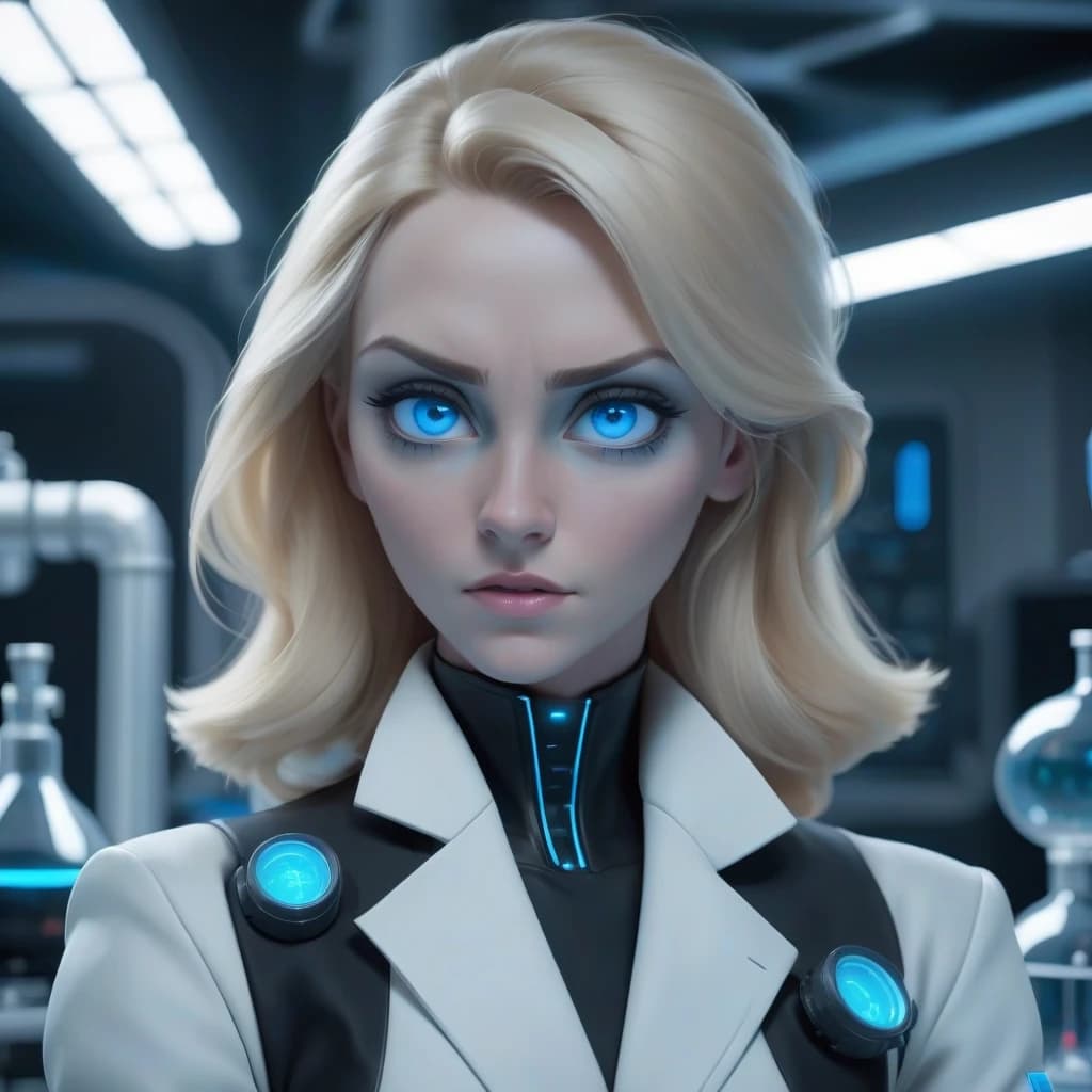 A beautiful woman-scientist with blonde hair and blue eyes is keeping two flasks in her arms and looking at them. She is wearing a black classical suite. She is in a modern futuristic laboratory. She is surrounded by modern equipment for research. The projectors are showing diagrams with some data in the air.