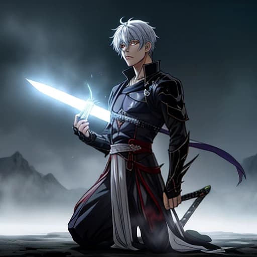 anime character guy, a dark aura envelops him, it flows upward, he is sad in his hand holding a sword and behind him is the devastation after the battle, kneeling very angry