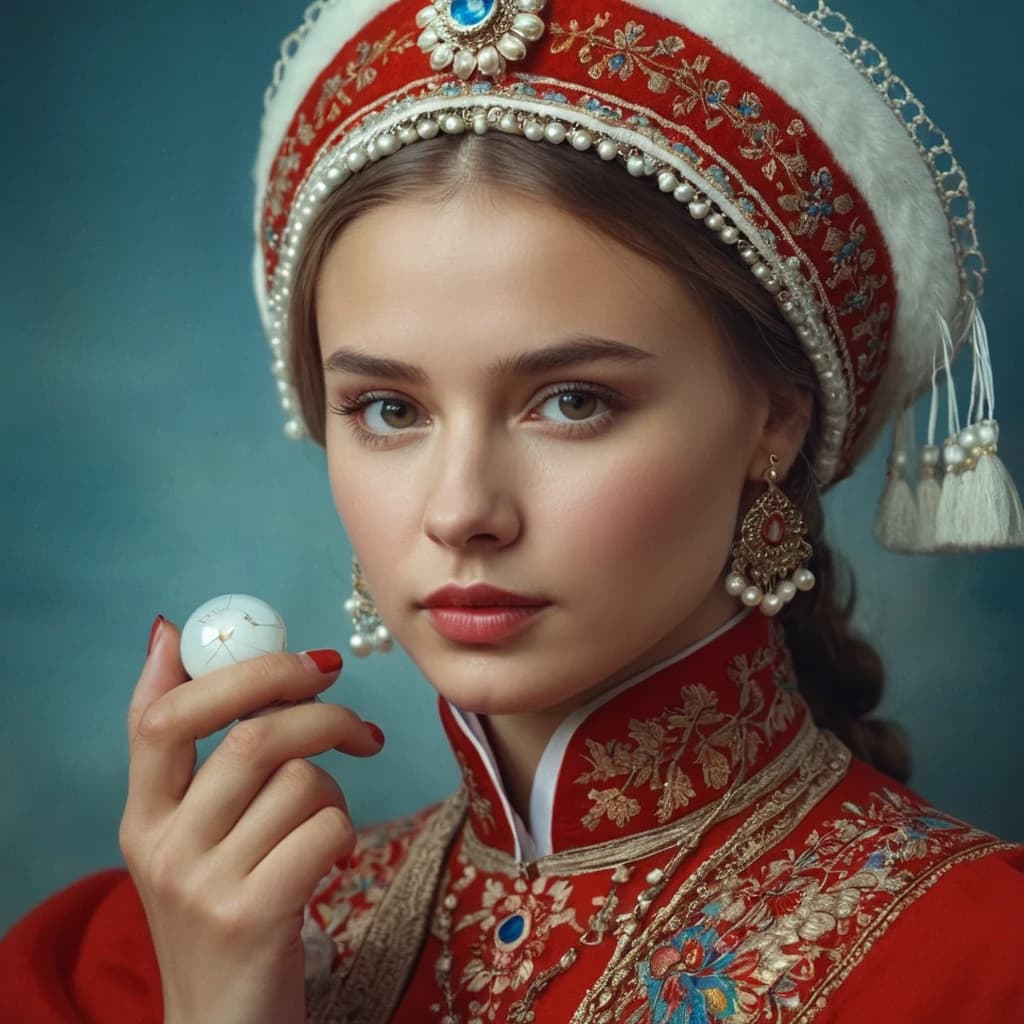 Нарисуй русскую девушку в русском национальном костюме с капсулой в руке