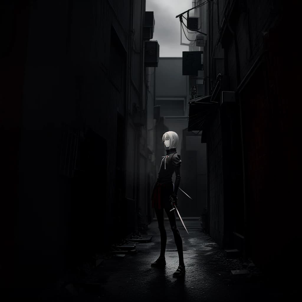 An anime standing around the corner with a full-length knife in the center of the frame