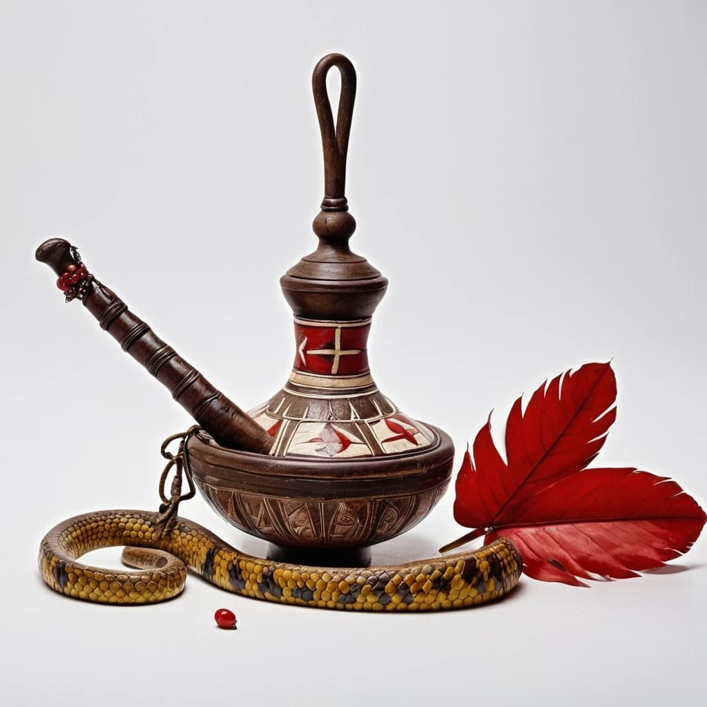 An Indian amulet with feathers, beads, a red medical cross, a plantain leaf and a mortar with a pestle into which a snake drips java poison from its mouth painted in the style of North American Indians on a white background