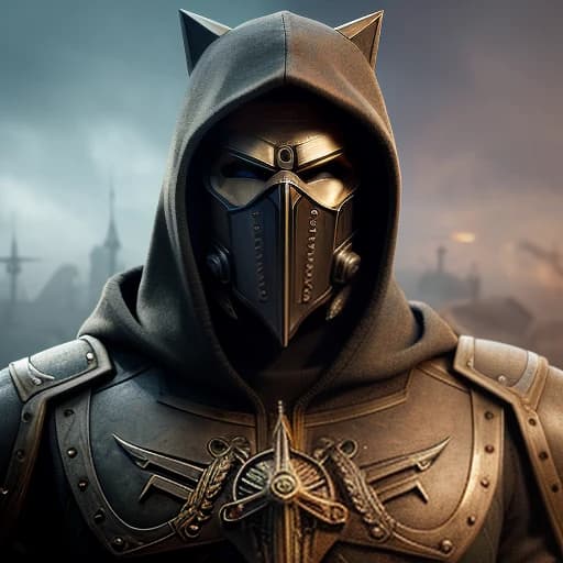 A man from the cult of Warhammer 40,000 machines, wearing a hood with a metal mask on his face