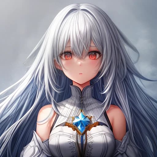 Девушка с белыми волосами c голубыми кончиками по плечи solo leveling