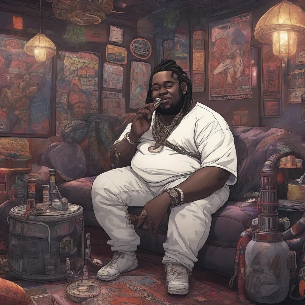 fat black man lounging on pillows in a hookah bar and smoking a hookah, cyberpunk street theme, cheerful look, (((masterpiece))), ((best quality)), ((intricate detailed)), ((Hyperrealistic)), highly detailed, illustration,  detailed fingers, beautiful detailed eyes, detailed face, handsome man face, black dreadlocks,  (cyberpunk:1.2), hookah bar background, neon lights, lens flare, menacing look, looking at the viewer