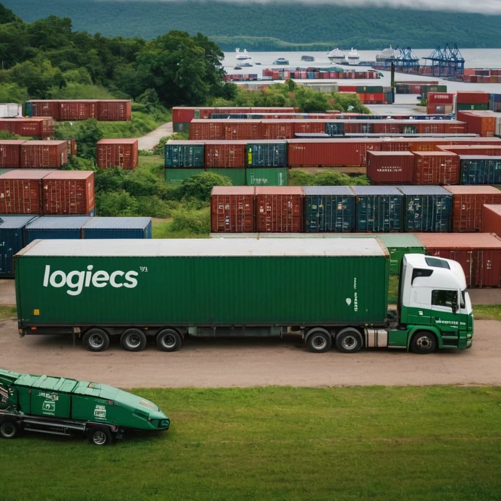 Create an image with the word "Logistics" in bold letters, prominently displayed. The background should feature various types of vehicles, such as trucks, cargo ships, and delivery vans, symbolizing the logistics industry. The dominant color scheme should include different shades of green to represent sustainability and growth. The design should feel modern and dynamic, capturing the essence of transportation and supply chains.