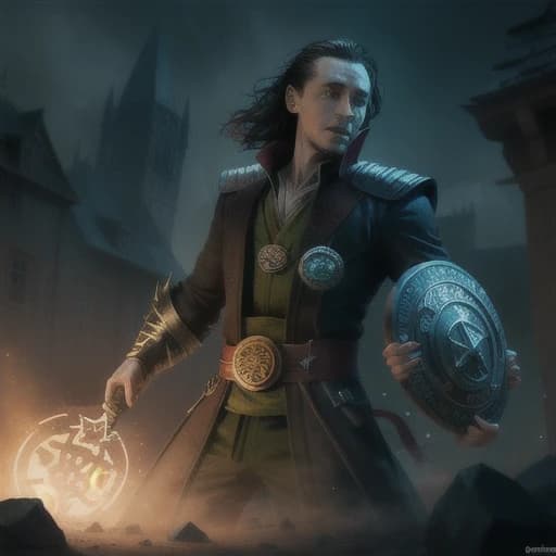 Epic digital art scene: Loki, portrayed by Tom Hiddleston, battling Stephen Strange in a dynamic fight. Loki uses green magic, while Stephen conjures yellow magic. The battle takes place in a mystical village, with ancient stone buildings and glowing runes. The environment is filled with swirling magical energies, and the ground is cracked from the intensity of their clash. Loki, with his iconic mischievous grin, wields his scepter and illusion spells. Doctor Strange, with a determined expression, creates magical shields and portals. The scene is highly detailed and cinematic, with dramatic lighting and vibrant colors, capturing the high stakes and power of their confrontation.