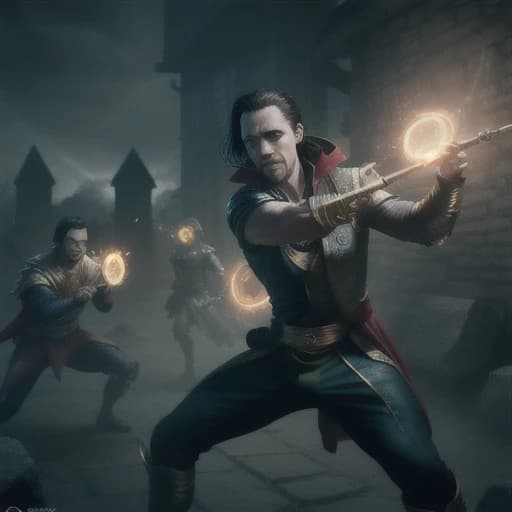 Epic digital art scene: Loki, portrayed by Tom Hiddleston, battling Stephen Strange in a dynamic fight. Loki uses green magic, while Stephen conjures yellow magic. The battle takes place in a mystical village, with ancient stone buildings and glowing runes. The environment is filled with swirling magical energies, and the ground is cracked from the intensity of their clash. Loki, with his iconic mischievous grin, wields his scepter and illusion spells. Doctor Strange, with a determined expression, creates magical shields and portals. The scene is highly detailed and cinematic, with dramatic lighting and vibrant colors, capturing the high stakes and power of their confrontation.