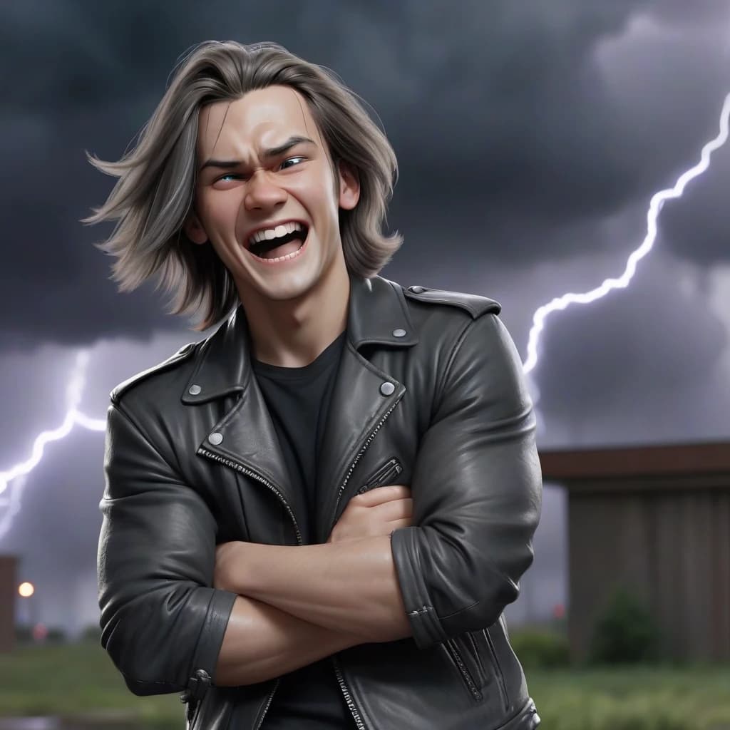 A young man with shoulder-length hair and a gray streak, laughing angrily, stands with his arms crossed over his chest. He wears a black leather jacket and dark clothing. The scene is set in the midst of swirling chaos, with thunderstorms and flashes of lightning.