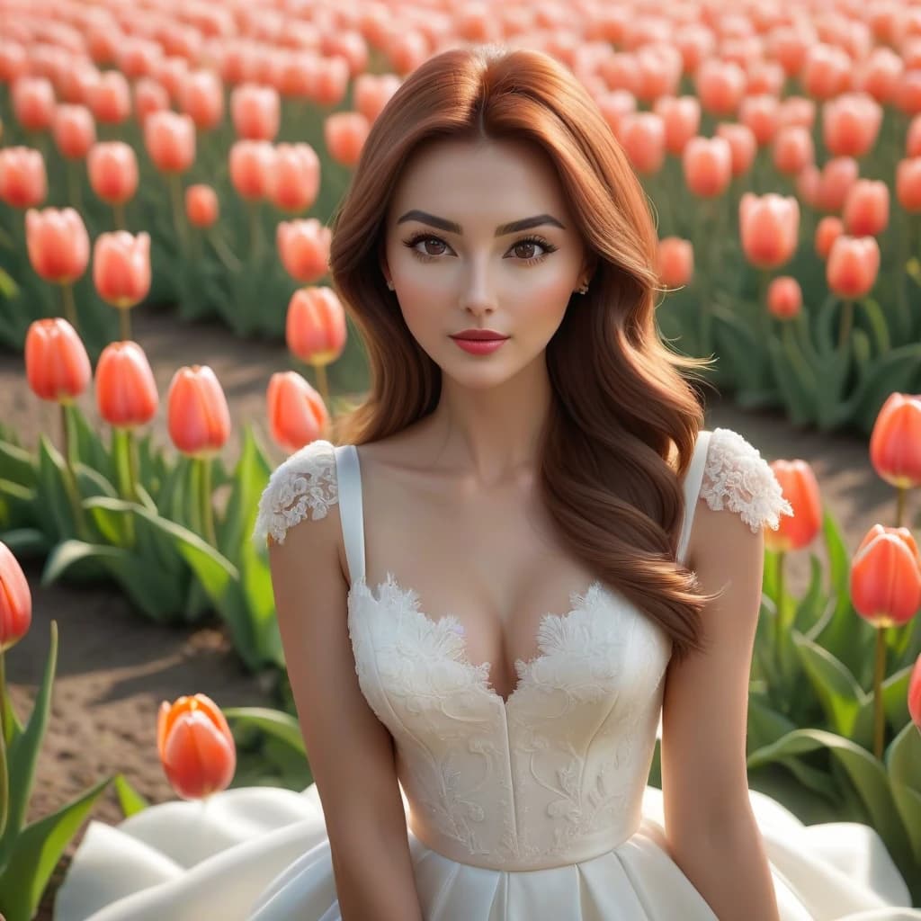 , A girl , tulips , Flowers , brown hair , Play , white dresses , having fun