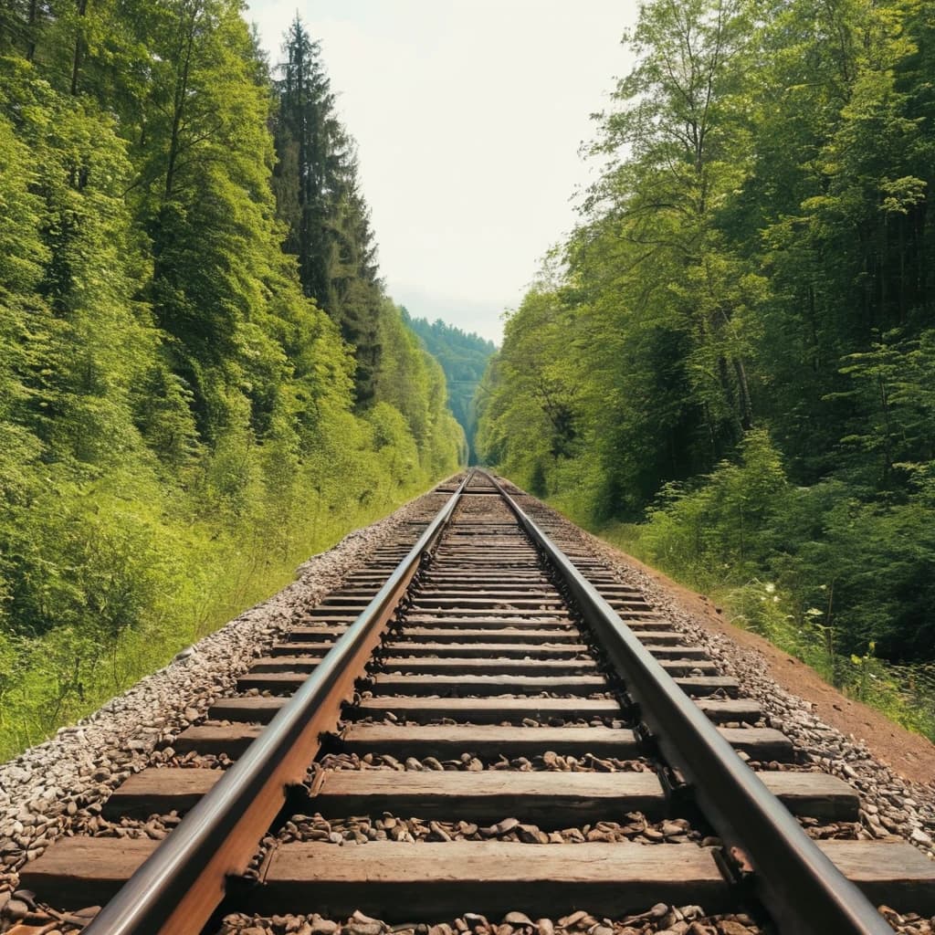 железная дорога в лесу. днём