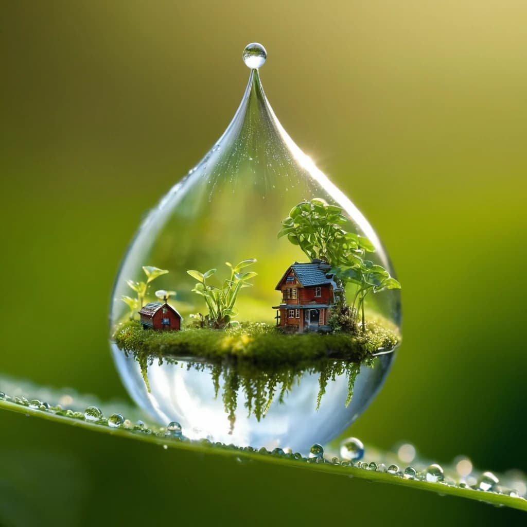 A world within a dewdrop: Envision a microcosm captured inside a dewdrop, complete with tiny creatures and plants living in this transparent realm. Expand this miniature universe to include a segment of a larger world, such as a human city with flying vehicles, buildings, and more intricate details that suggest an entire bustling civilization contained within the moisture of the dewdrop. Ensure that the elements maintain the watery and moist essence of being part of the dewdrop's interior environment.