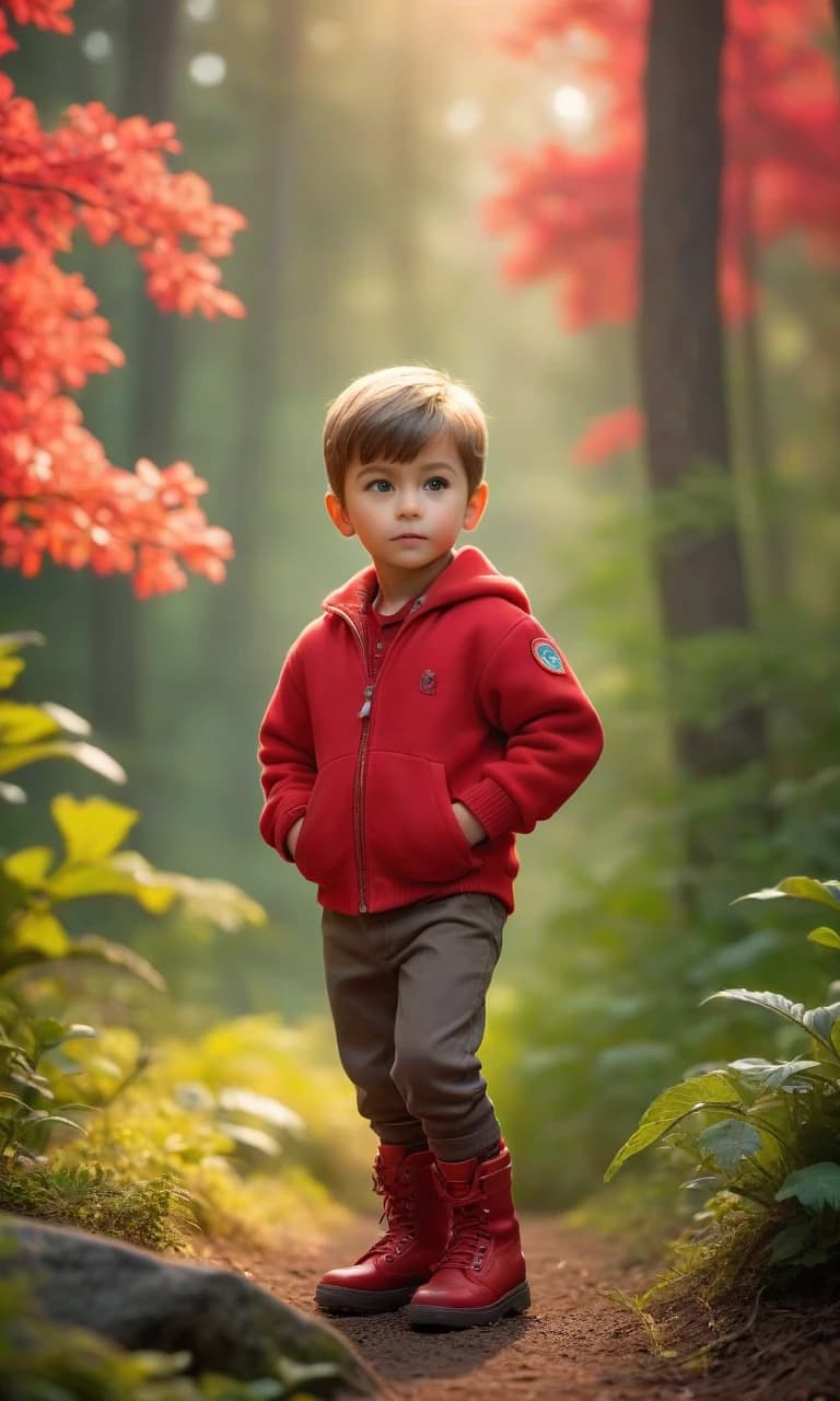 photorealistic image of a preschool boy in beautiful red clothes on a beautiful background of nature in red colors