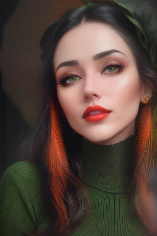 a woman with a green sweater and bright orange lipstick