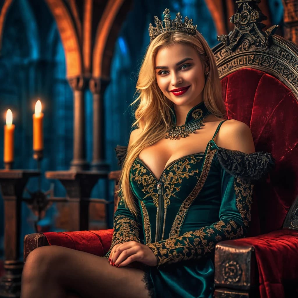 beautiful girl, cyberpunk, blonde, vampire, beautiful smile, sitting on a throne, in a beautiful outfit. night, Dracula's castle. (dark shot:1.17), epic realistic, faded, ((neutral colors)), art, (hdr:1.5), (muted colors:1.2), hyperdetailed, (artstation:1.5), cinematic, warm lights, dramatic light, (intricate details:1.1), complex background, (rutkowski:0.8), (teal and orange:0.4), Details, ((intricate details)), hdr, ((intricate details, hyperdetailed))