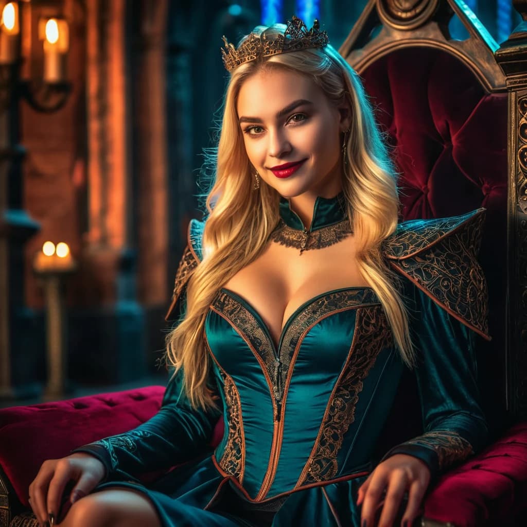 beautiful girl, cyberpunk, blonde, vampire, beautiful smile, sitting on a throne, in a beautiful outfit. night, Dracula's castle. (dark shot:1.17), epic realistic, faded, ((neutral colors)), art, (hdr:1.5), (muted colors:1.2), hyperdetailed, (artstation:1.5), cinematic, warm lights, dramatic light, (intricate details:1.1), complex background, (rutkowski:0.8), (teal and orange:0.4), Details, ((intricate details)), hdr, ((intricate details, hyperdetailed))