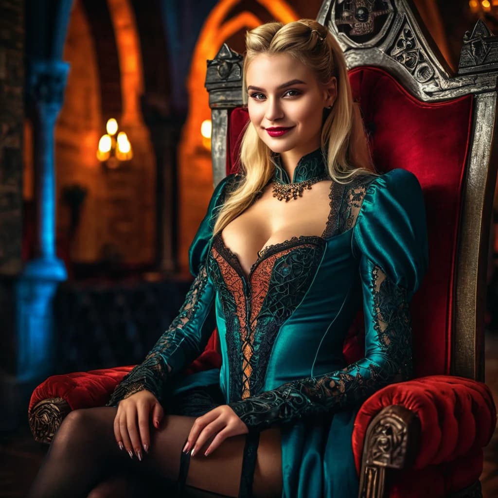 beautiful girl, cyberpunk, blonde, vampire, beautiful smile, sitting on a throne, in a beautiful outfit. night, Dracula's castle. (dark shot:1.17), epic realistic, faded, ((neutral colors)), art, (hdr:1.5), (muted colors:1.2), hyperdetailed, (artstation:1.5), cinematic, warm lights, dramatic light, (intricate details:1.1), complex background, (rutkowski:0.8), (teal and orange:0.4), Details, ((intricate details)), hdr, ((intricate details, hyperdetailed))