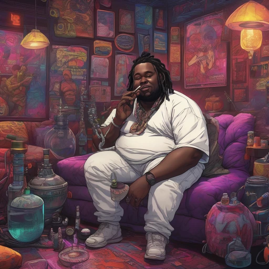 fat black man lounging on pillows in a hookah bar and smoking a hookah, cyberpunk street theme, cheerful look, (((masterpiece))), ((best quality)), ((intricate detailed)), ((Hyperrealistic)), highly detailed, illustration,  detailed fingers, detailed eyes, detailed face, handsome man face, black dreadlocks,  (cyberpunk:1.2), hookah bar background, neon lights, lens flare, menacing look, looking at the viewer