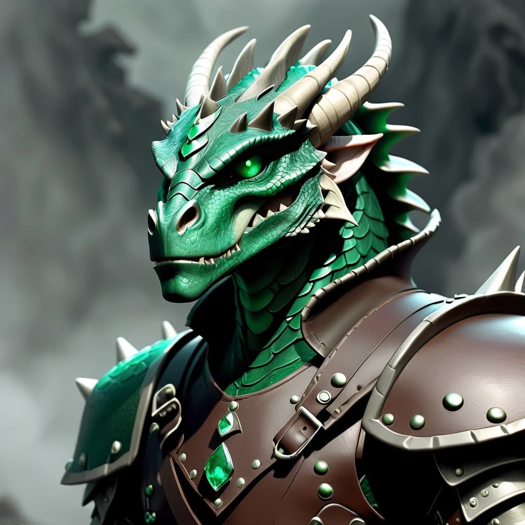 Dragonborn with emerald scales, mist escapes from his eyes, in leather armor