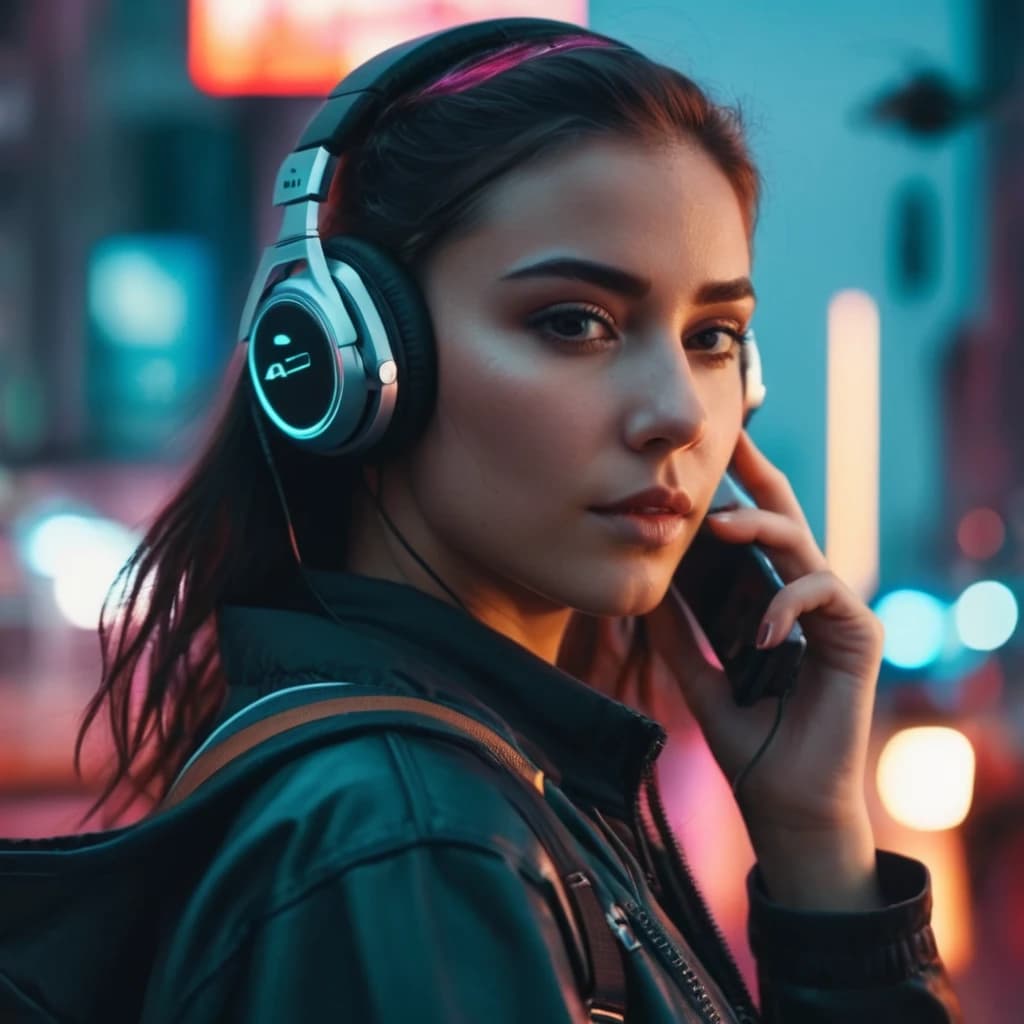 A girl in cyberpunk style, wearing headphones and a phone in her hand, and a drone in her other hand