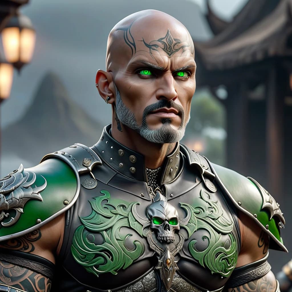 Goliath races are gray-skinned with green eyes, bald with tattoos of waves on his skull, in leather armor