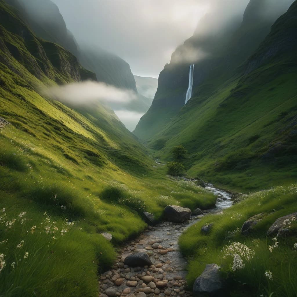 a lush green hillside, pexels contest winner, f1.8 anamorphic, mysterious canyon streams, 2019 trending photo, romanian heritage, by Chinwe Chukwuogo-Roy, hiking clothes, rocky roads, foggy weather, garis edelweiss, iphone video, by Alison Geissler, blue neon