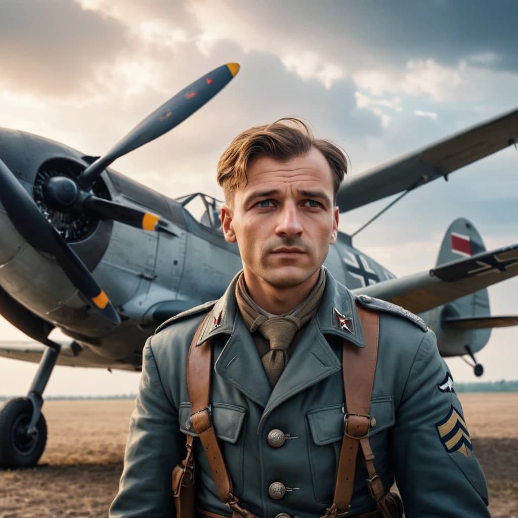 German Luftwaffe pilot on the background of BF 109 aircraft