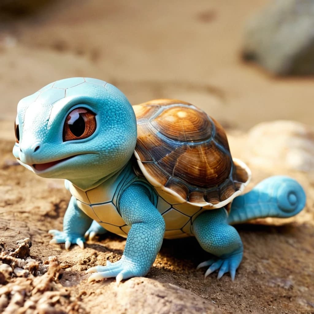 Squirtle is a small reptilian Pokémon that resembles a light-blue turtle. While it typically walks on its two short legs, it has been shown to run on all fours in Super Smash Bros. Brawl. It has large, purplish, or reddish eyes and a slightly hooked upper lip. Each of its hands and feet has three pointed digits. The end of its long, squirrel-like tail curls inward. Its body is encased by a tough shell that forms and hardens after birth. This shell is brown on the top, pale yellow on the bottom, and has a thick white ridge between the two halves.
