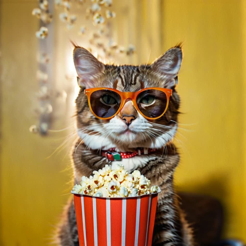 портрет кота, кот в солнечных очках, фас, морда крупным планом,  с попкорном, реалистичное изображение