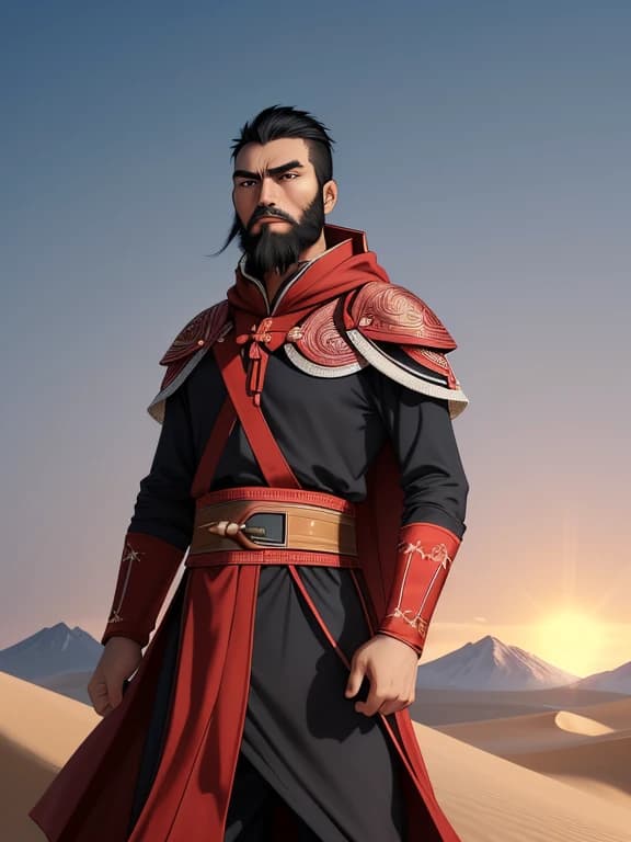 A Kyrgyz hero in national armored clothing stands on top of a dune during sunrise. Male hero, 35-40 years old. Black hair with a beard, courageous and self-confident. There is a large hood on the head. The hero is of Kyrgyz nationality. The hero’s clothes have Kyrgyz national patterns. The hero looks at us intently.