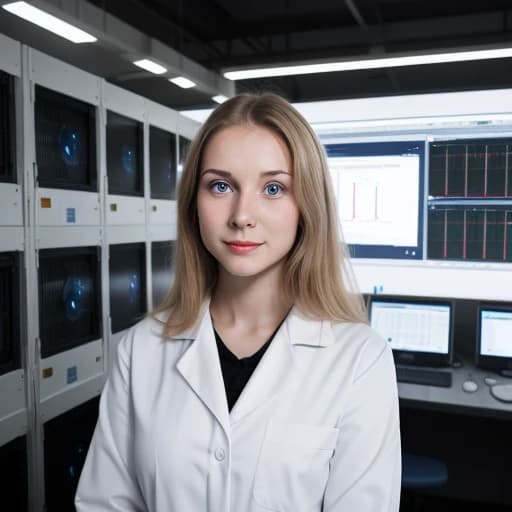 A beautiful woman-scientist with blonde hair and blue eyes is wearing a black classical suite. The woman looks kind and friendly. She is in a modern white futuristic laboratory. She is surrounded by modern equipment for research. The projectors are showing diagrams with some data in the air.