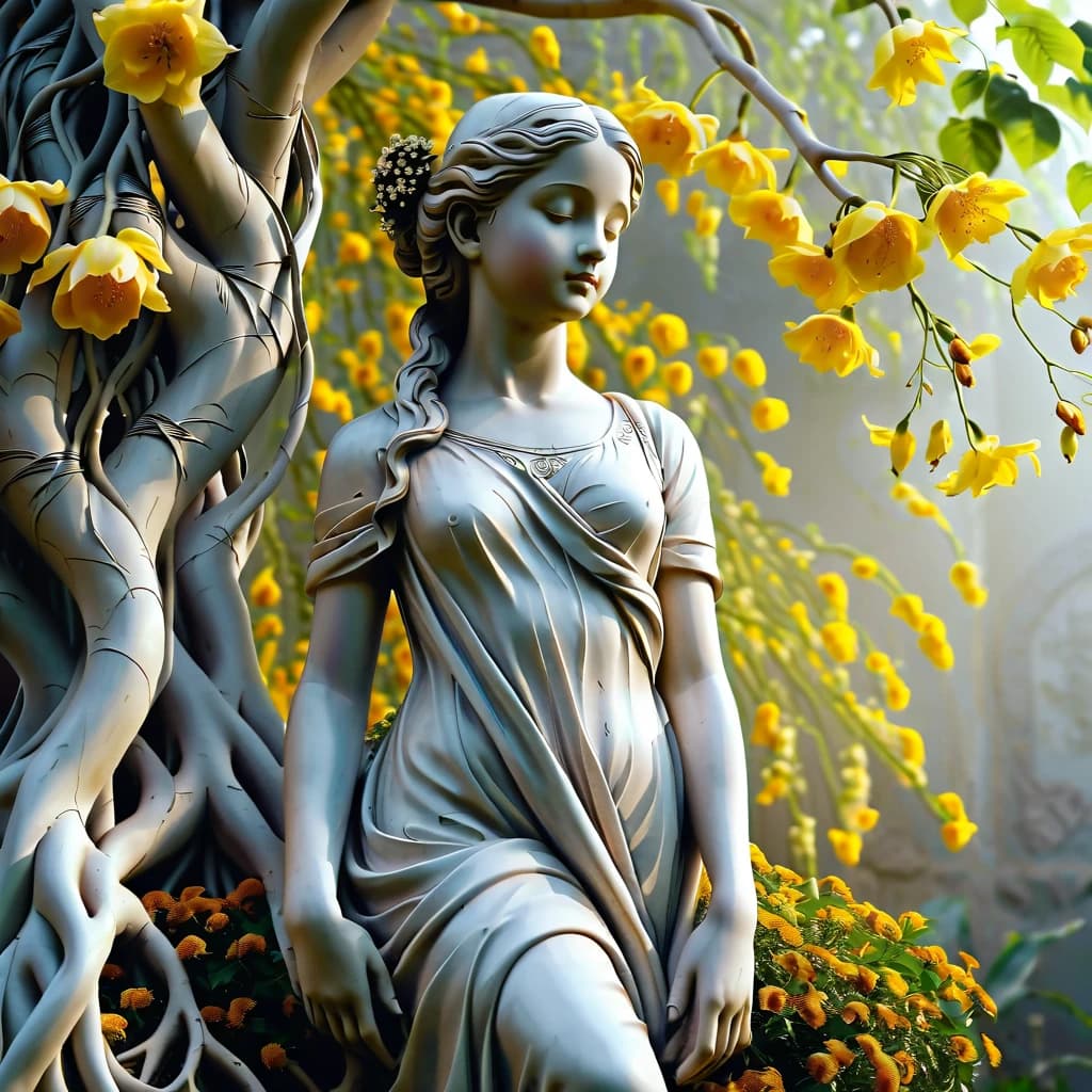 gray statue of a girl in light clothes, which stands in a beautiful feminine pose in full growth, it is wrapped around roots and flowers, without greenery and leaves