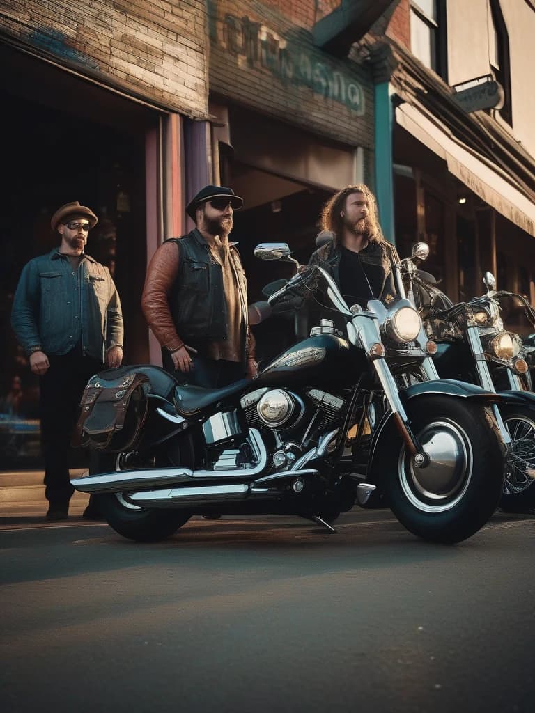 Night, summer. A group of baycrashers standing near their Harley Devidson Fat boy motorcycles, near a bar. worm's eye view