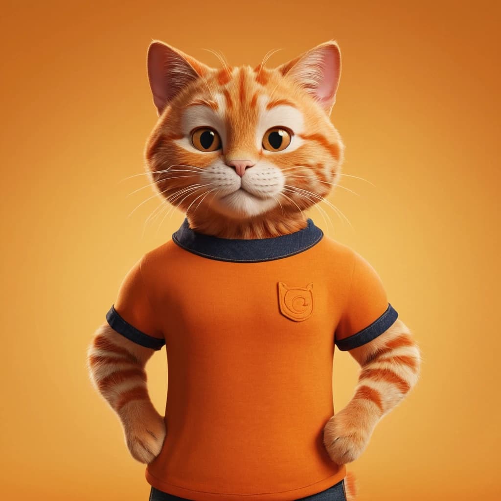 Disney 3d cartoon style, anthropomorphic orange cat man, 
He has confident face, very huge,muscular and estatic body dressed in a black T-shirt (with no logo) , jeans and sneakers