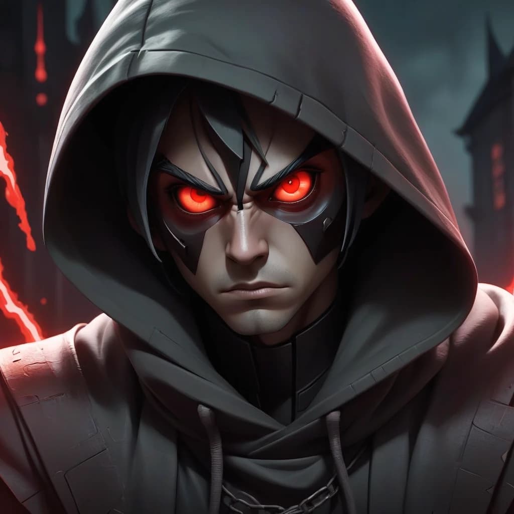 a close up of a person with a hood on, anime epic artwork, with red glowing eyes, webtoons, in a menacing pose, wanderer, wretched and corrupted knights, star wars style, youtube thumbnail