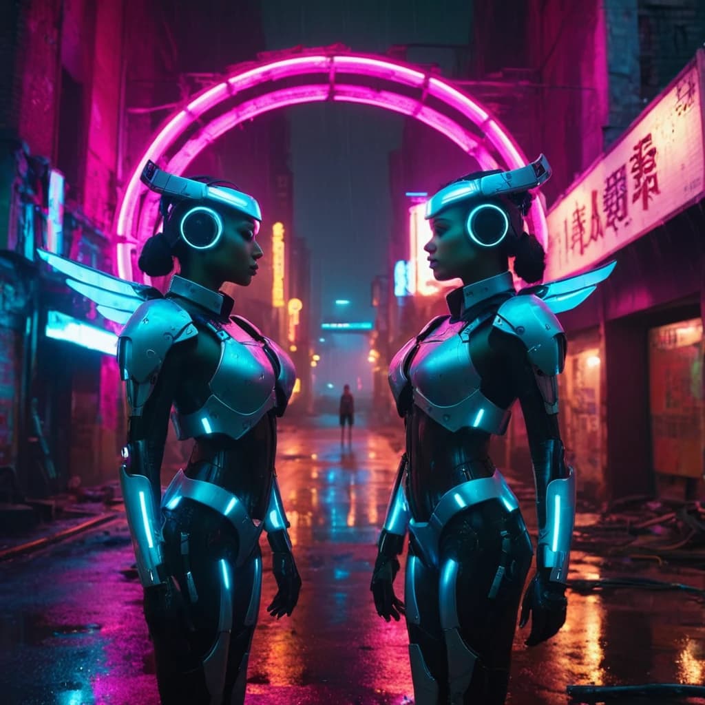 two twin cyborg girls with a halo over their heads, robo-wings. They are standing in a ruined and abandoned city