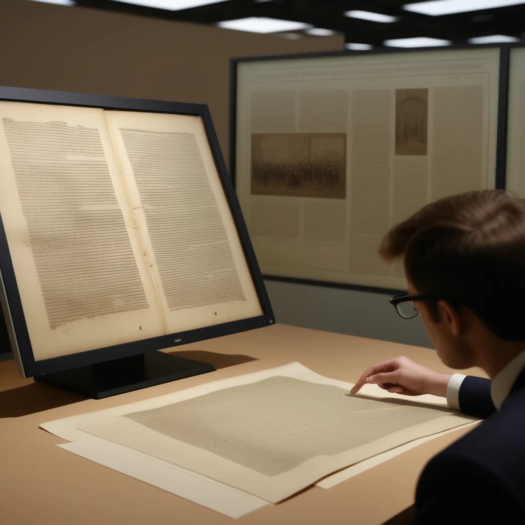 сотрудник листает копию древнего документа на экране большого монитора, выставка в архиве